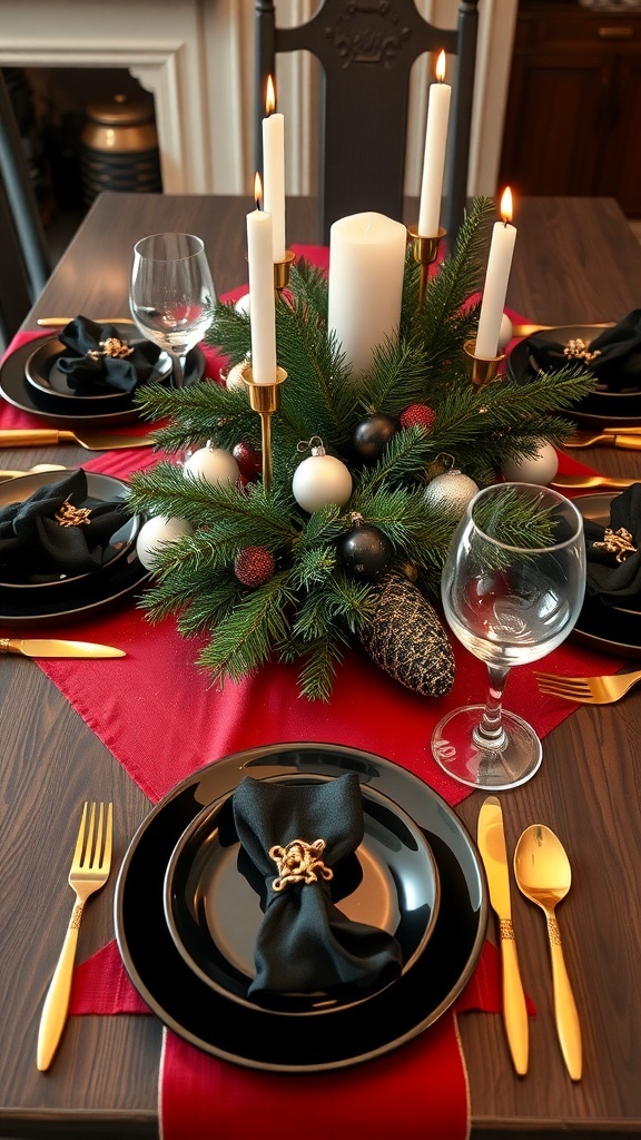 Christmas table setting with black plates, red runner, gold cutlery, and festive decorations.